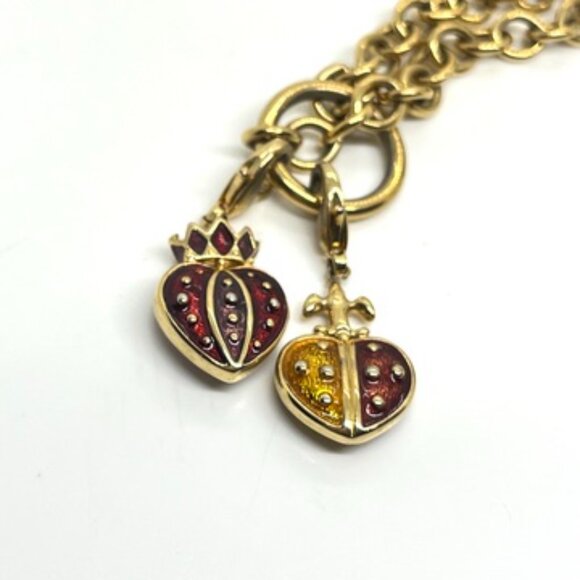 VINTAGE ERWIN PEARL HEART CHARM NECKLACE GOLD TONE ENAMEL RED YELLOW DOUBLE LINK - Picture 8 of 15